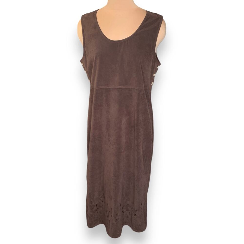Vintage Faux Suede Jumper Dress Brown Prairie Midi Boho Modest Grunge Layering - Picture 14 of 14
